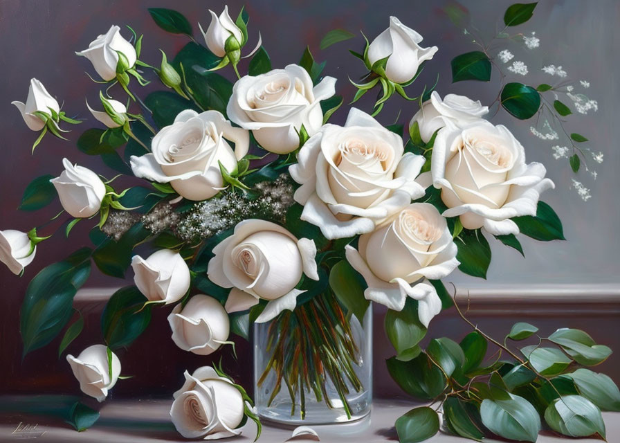 Realistic Painting of White Roses Bouquet in Vase