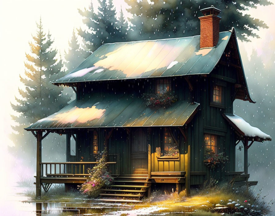 Snow-covered wooden cabin in tranquil forest setting with warm light and falling snow.