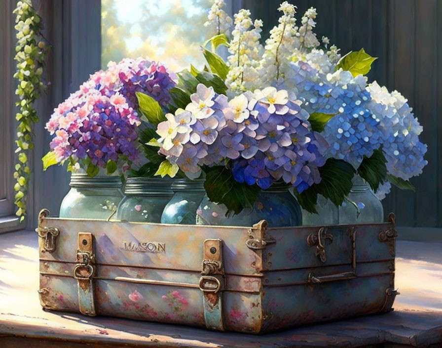 Vibrant Pink and Blue Hydrangeas in Glass Jars in Antique Suitcase