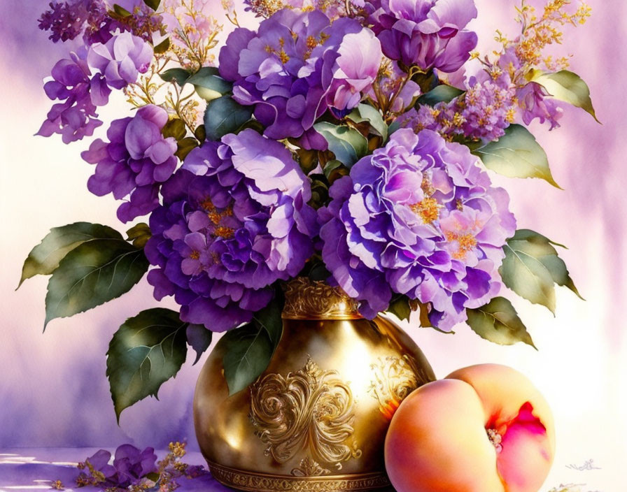 Vibrant still-life painting with golden vase, purple hydrangeas, and ripe peach