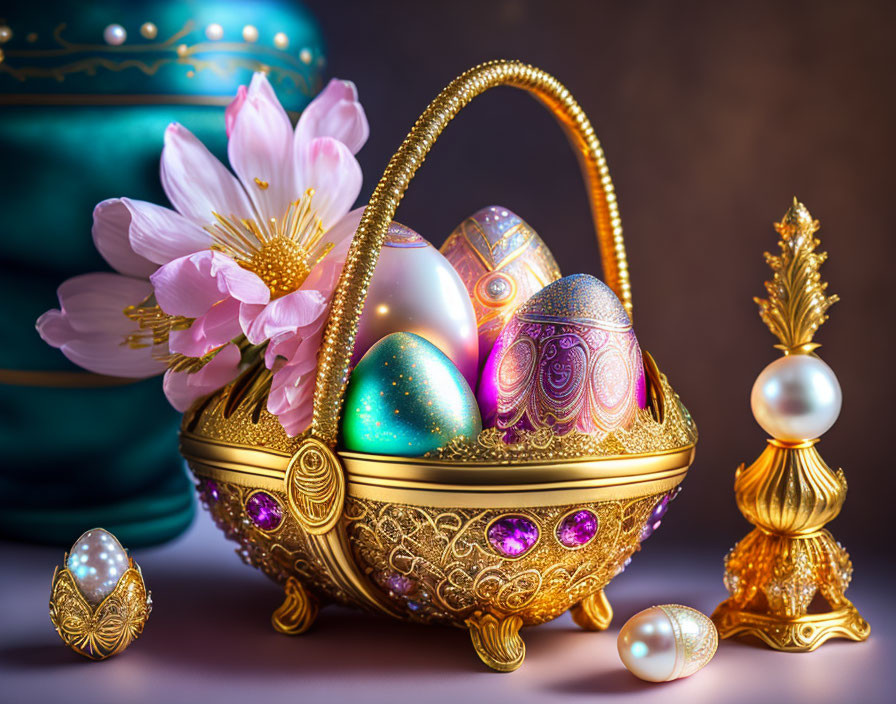 Golden Basket with Jeweled Eggs, Pink Flower, and Pearls: Luxurious Decor Display