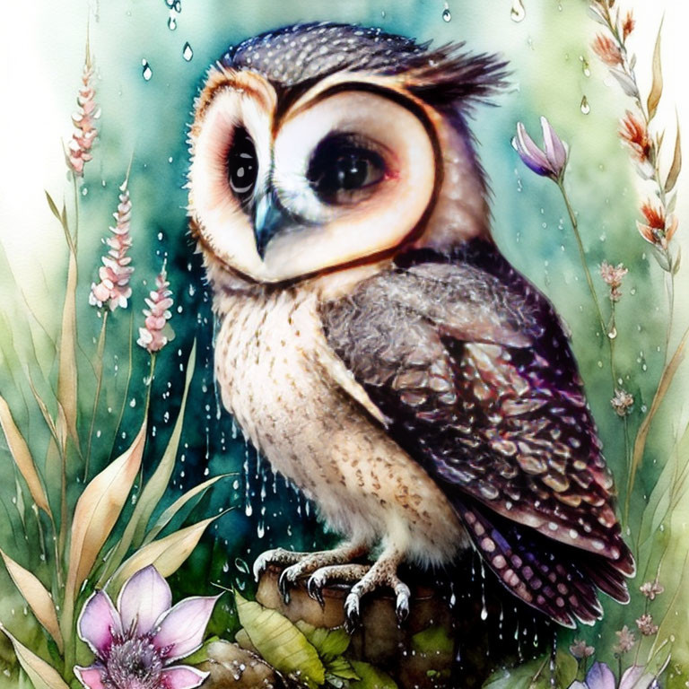 Vibrant watercolor illustration of owl in green foliage with purple flowers