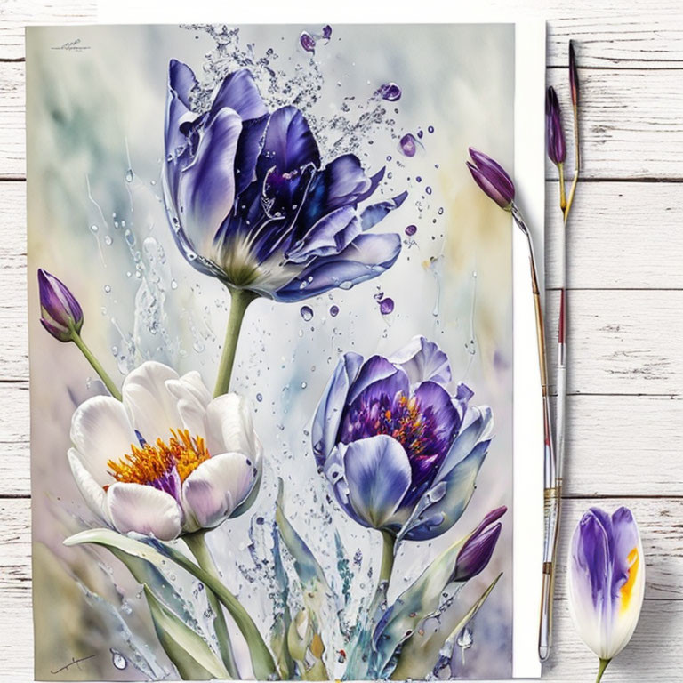 Purple and White Tulips Painting with Water Droplets on White Wooden Background