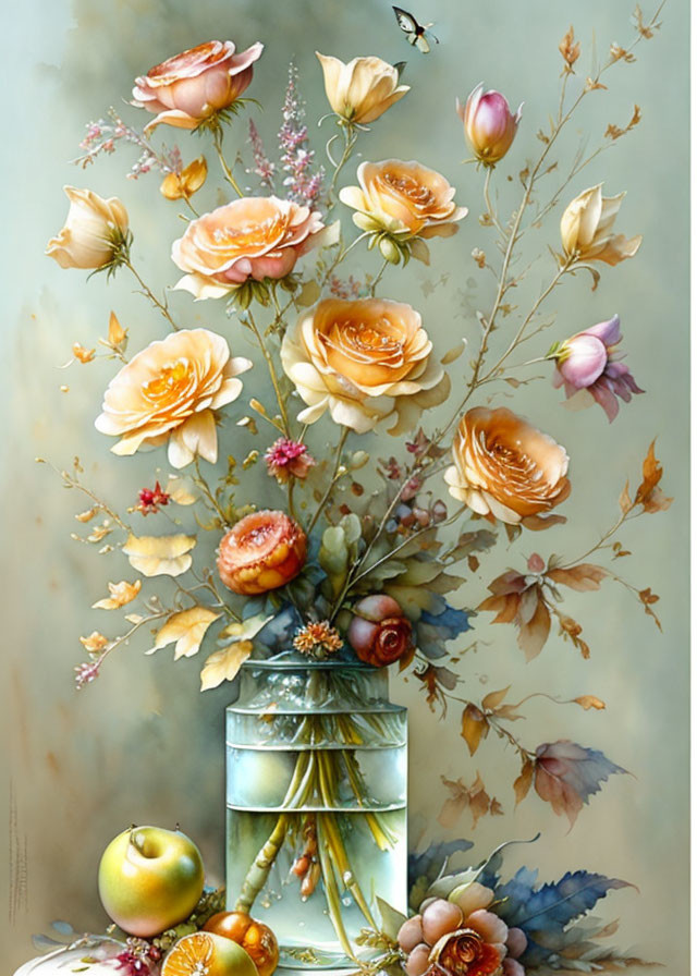 Translucent vase with yellow roses, buds, small flowers, leaves, and fruit