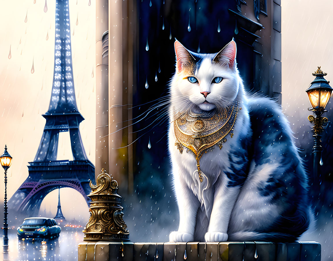 Blue-eyed cat in front of Eiffel Tower on rainy evening with street lamps.