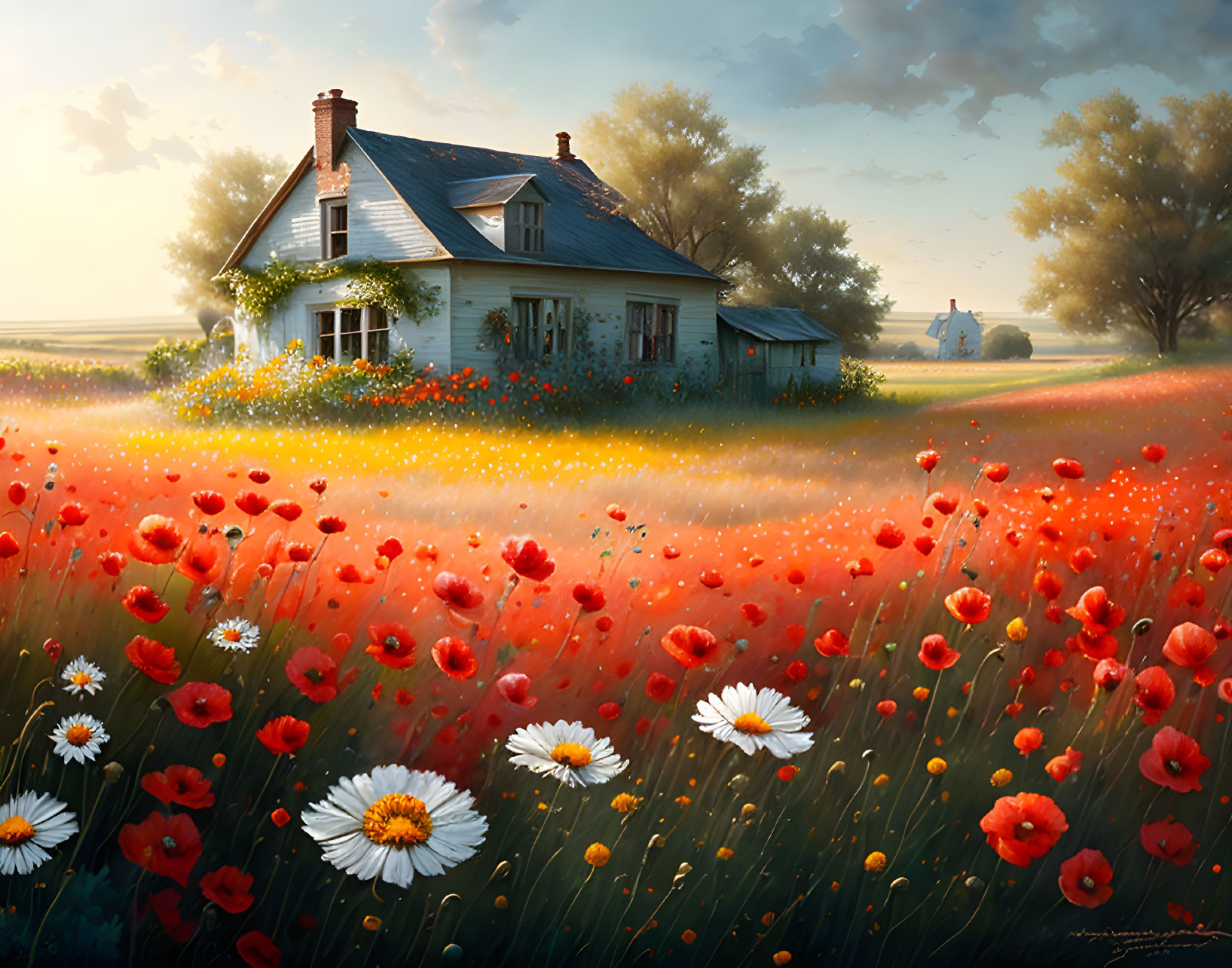 Country House Surrounded by Red Poppies and Daisies