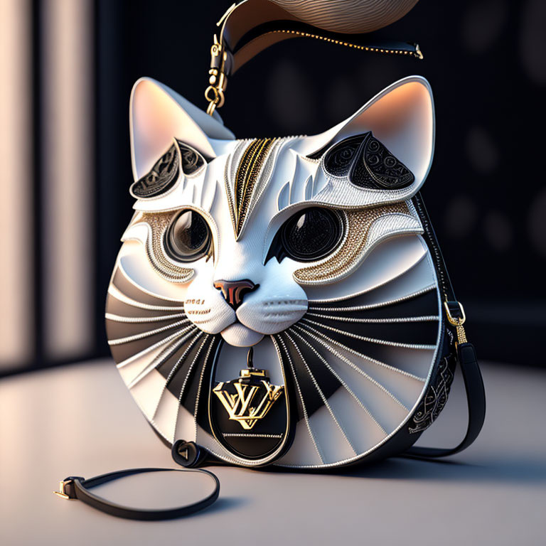 Black and White Striped Cat-Faced Purse with Gold Accents and Shoulder Strap