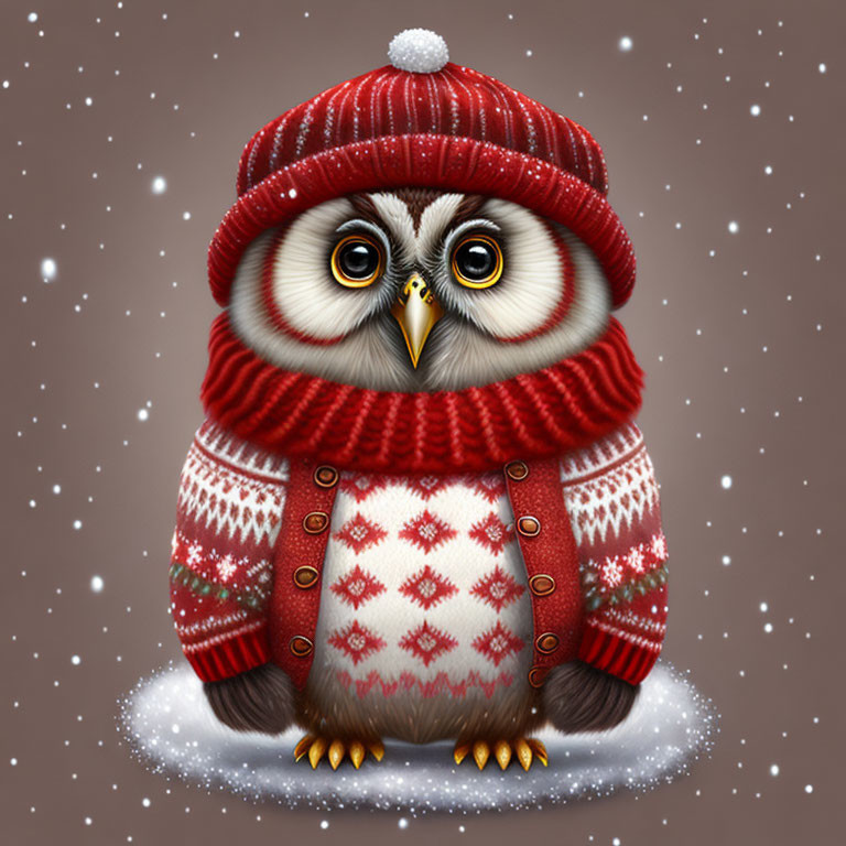 Illustration of owl in red hat & sweater on snowy surface