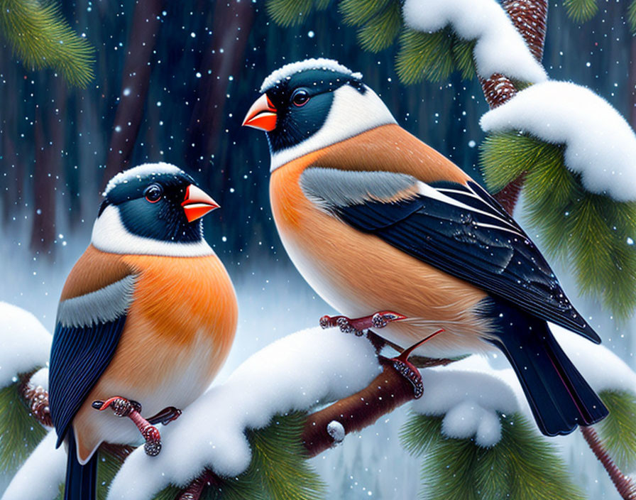 Colorful finches on snowy branches with falling snowflakes