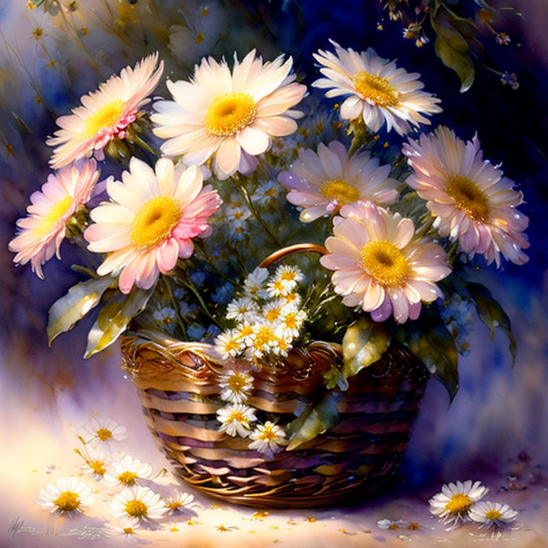 Colorful daisies in woven basket on mystical blue background