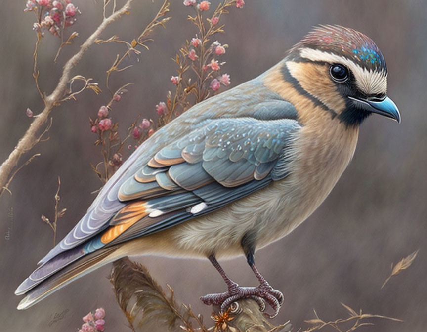 Detailed Painting: Bird with Blue Crown and Pink Blossoms