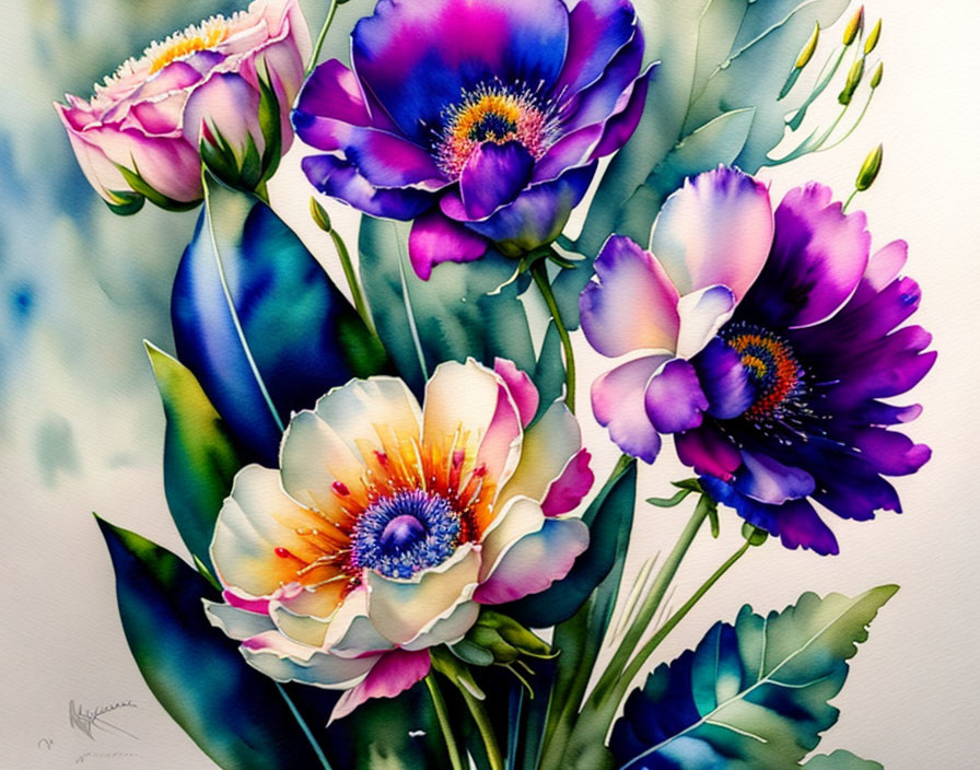 Assorted flowers watercolor painting with purple, white, and yellow petals