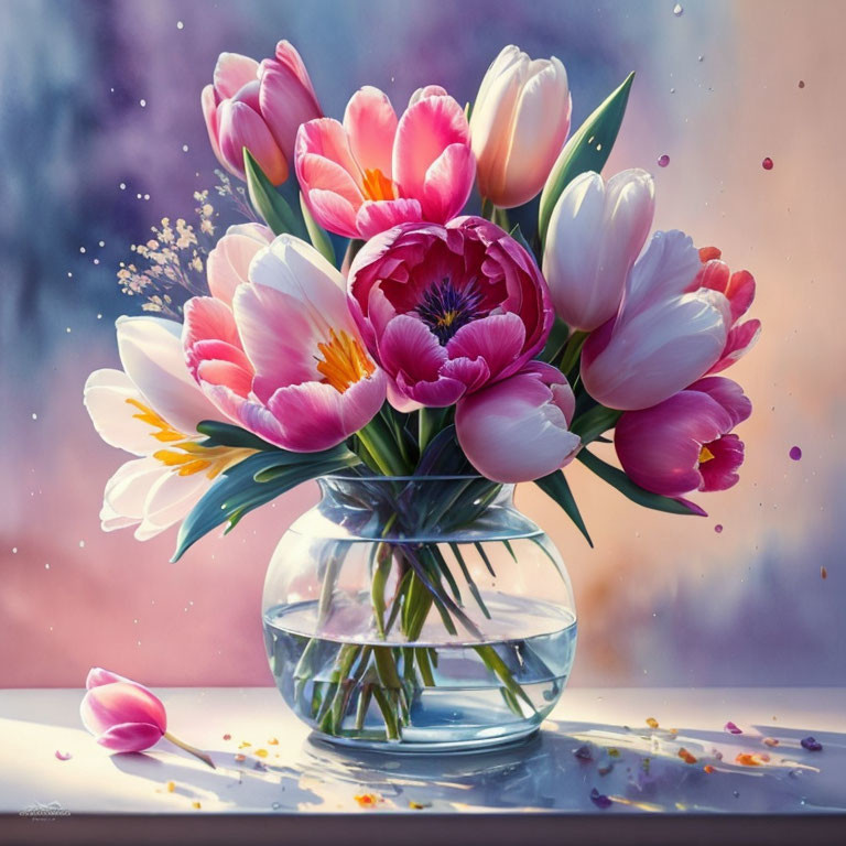 Colorful tulip bouquet in clear vase with soft light and floating petals for serene atmosphere.