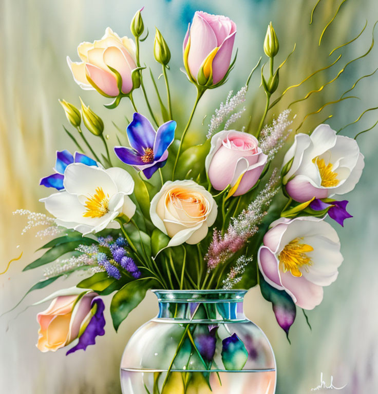 Colorful Rose and Anemone Bouquet in Clear Vase on Soft Background