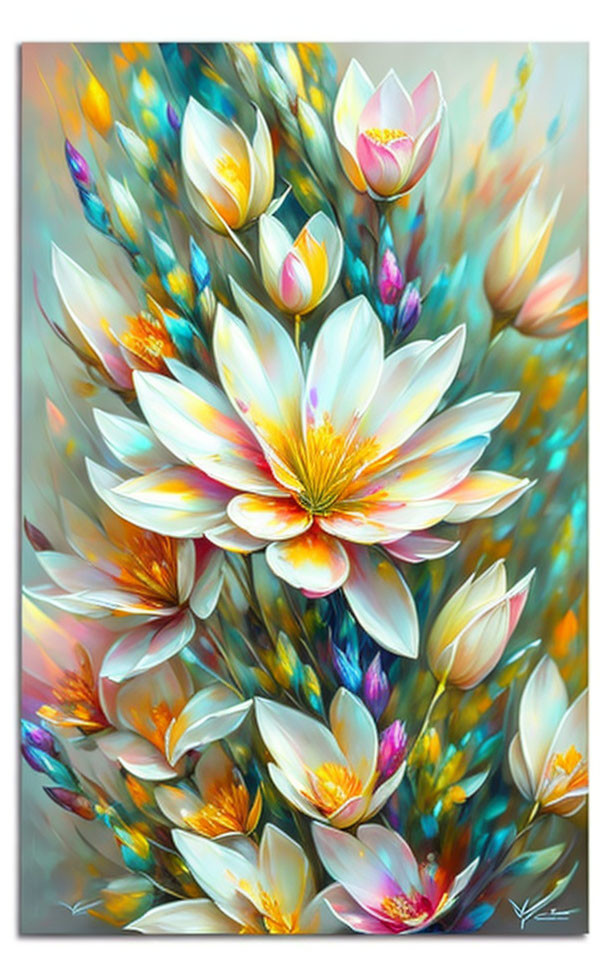 Colorful Lotus Flower Painting with Green and Turquoise Background