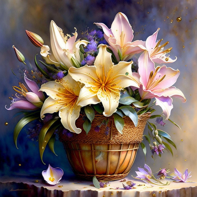 Colorful Floral Still Life Painting with Basket and Blooming Lilies