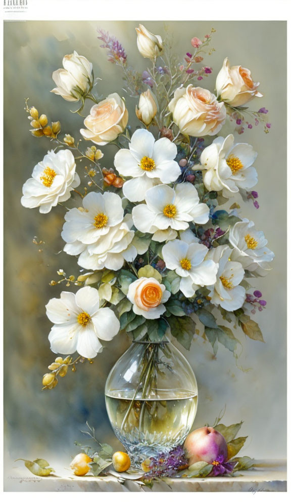 Still life painting: bouquet of white and peach roses, white flowers, purple accents in glass vase with