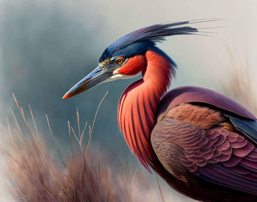 Colorful Purple Heron Portrait Amidst Wispy Reeds