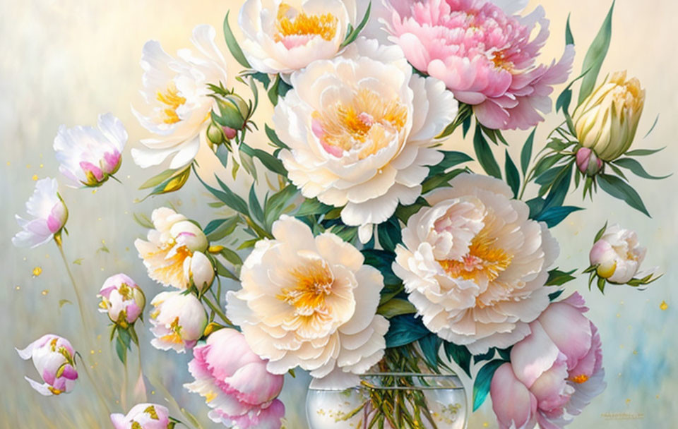 Colorful Peony Bouquet Painting in Pink and Cream Tones