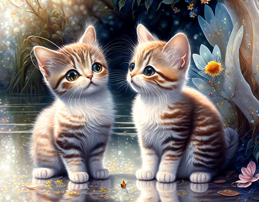 Whimsical Cartoon Kittens in Magical Forest Scene