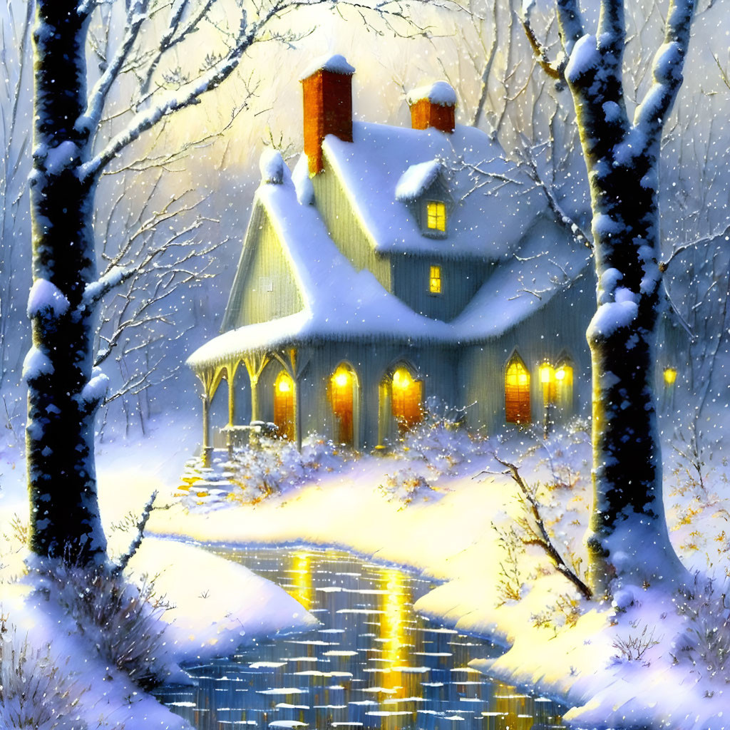 Snowy Winter Scene: Cozy House, Snow-Covered Trees, Frozen Waterway