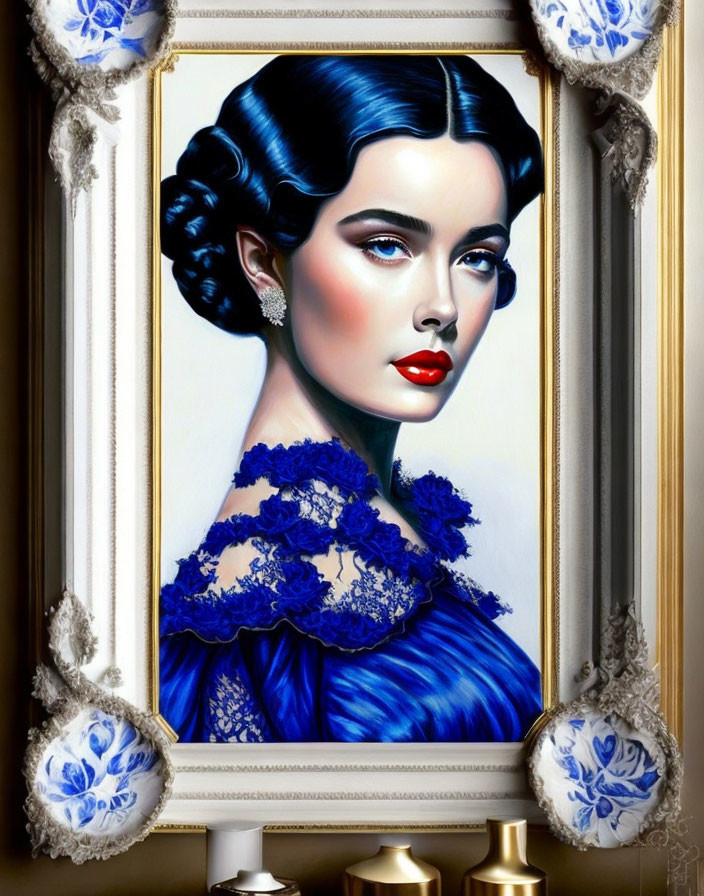 Portrait of Woman with Dark Hair, Red Lipstick, Blue Dress, Elaborate Frame