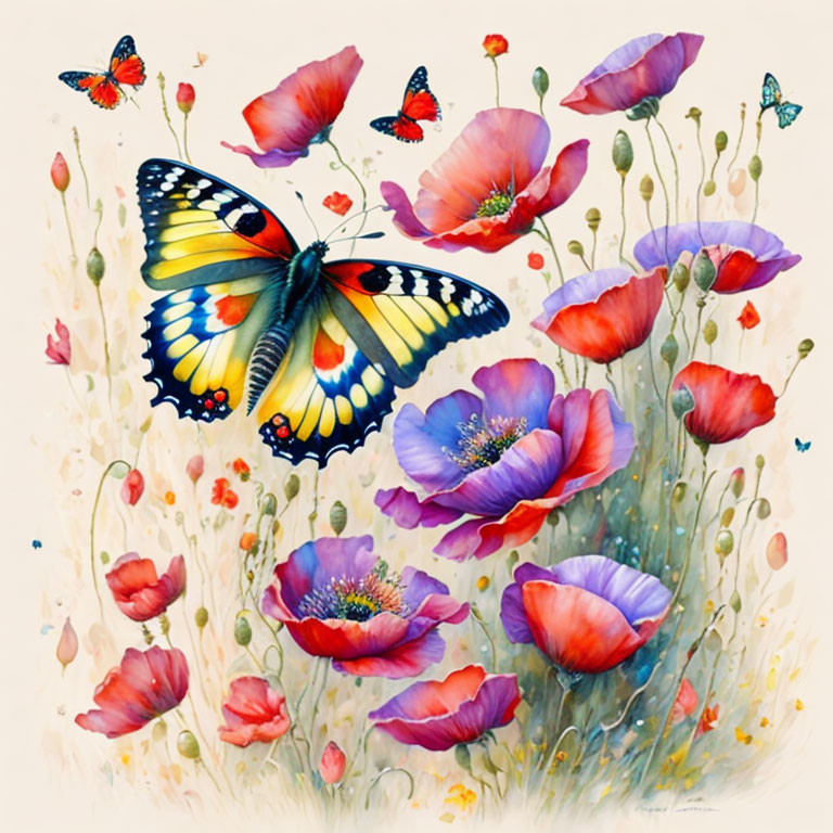 Colorful Butterfly and Poppies Artwork with Wildflowers on Pale Background