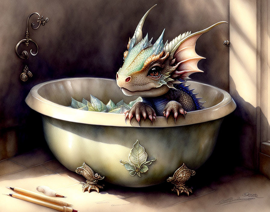 Whimsical baby dragon in antique bathtub with quill and paper