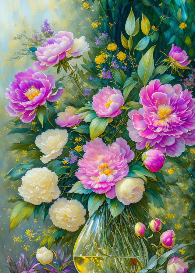 Colorful painting of blooming peonies in pink, cream, yellow, and green.