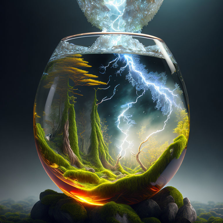 Vibrant forest ecosystem in fantastical fishbowl with dynamic lightning