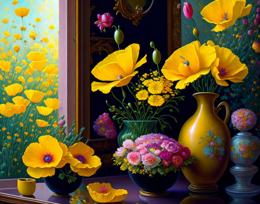 Colorful painting of yellow flowers in vase with pink and purple bouquet