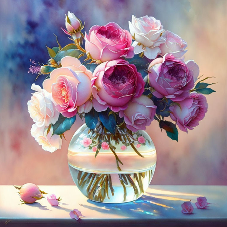 Pink and White Roses Bouquet in Round Vase with Light Reflections