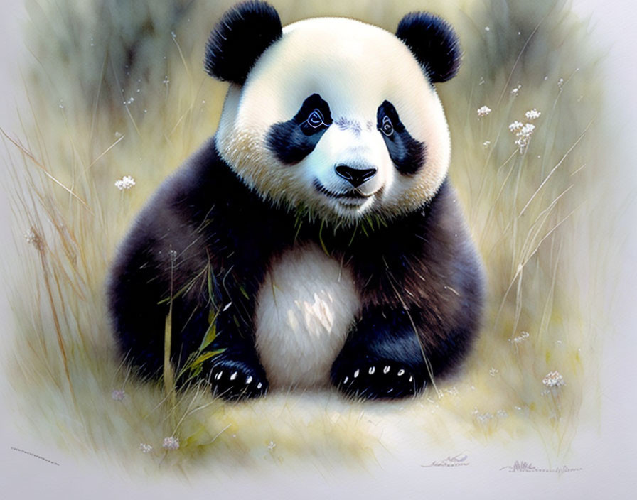 Giant panda in field with white flowers and grasses