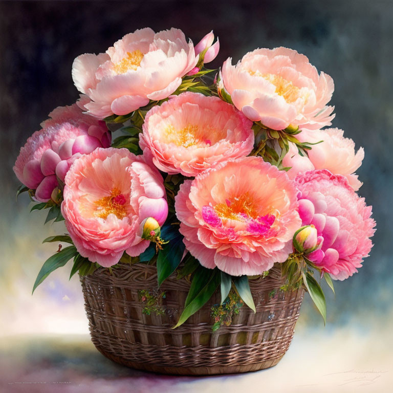 Pink peonies in wicker basket on soft-focus backdrop