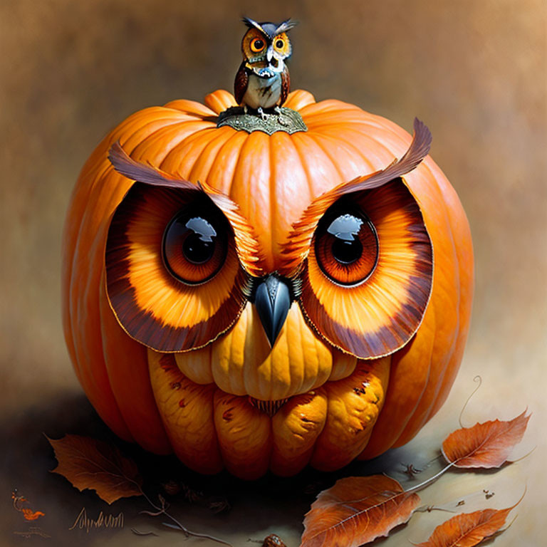 Pumpkin carved as owl with large eyes, small owl perched on top in autumn setting