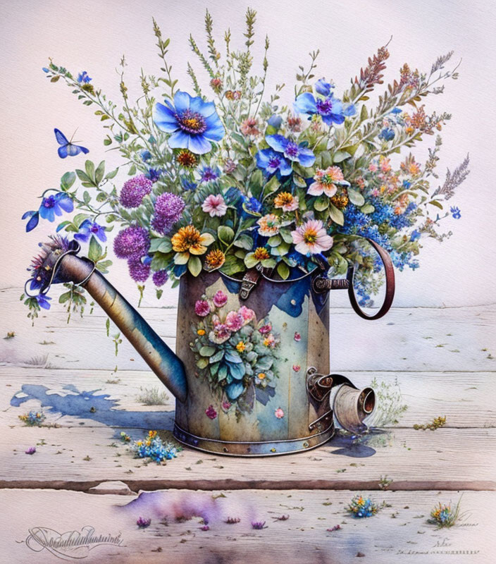 Detailed Watercolor Illustration of Vibrant Wildflower Bouquet in Antique Watering Can