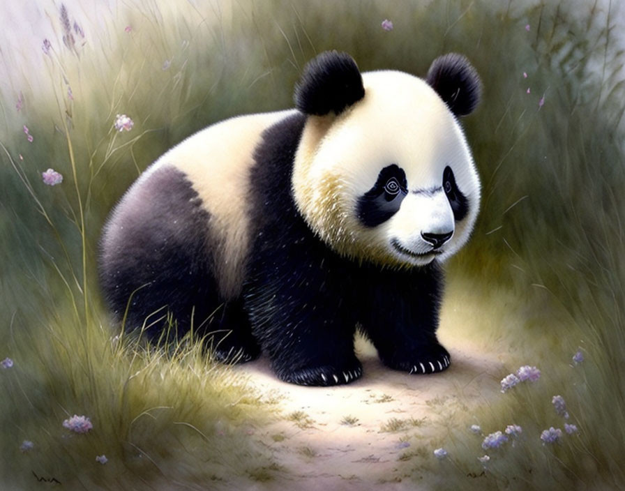 Young panda in lush field with greenery and purple flowers.