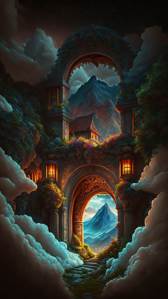 Ethereal digital artwork: double-arched gateway, mystical landscape, mountains, stars, clouds