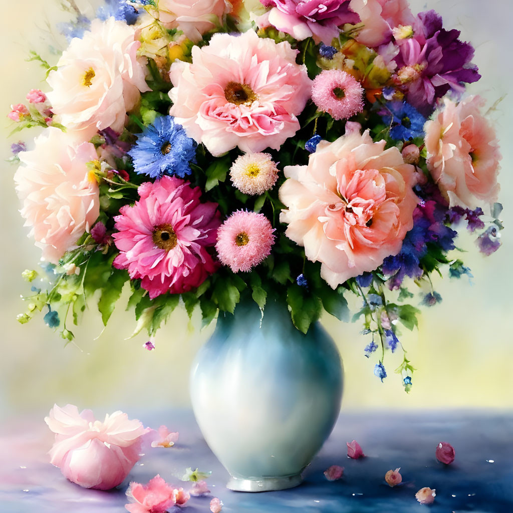 Colorful Flower Bouquet in Pastel Blue Vase on Hazy Background