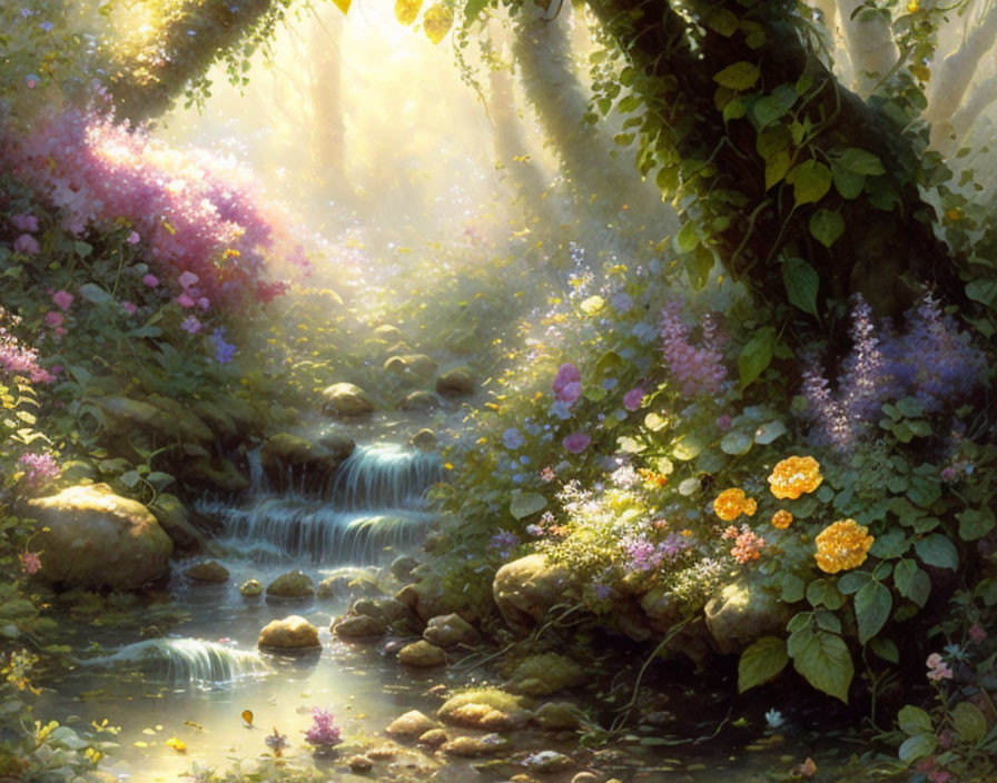 Sunlit forest with brook and wildflowers