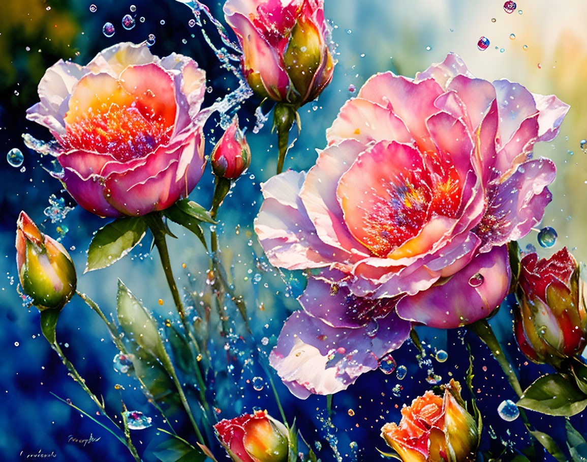 Colorful Roses with Water Droplets on Blurred Background