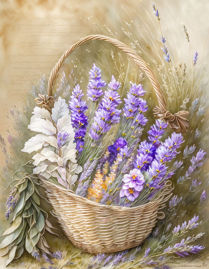 Wicker basket with purple and yellow flowers on vintage beige backdrop