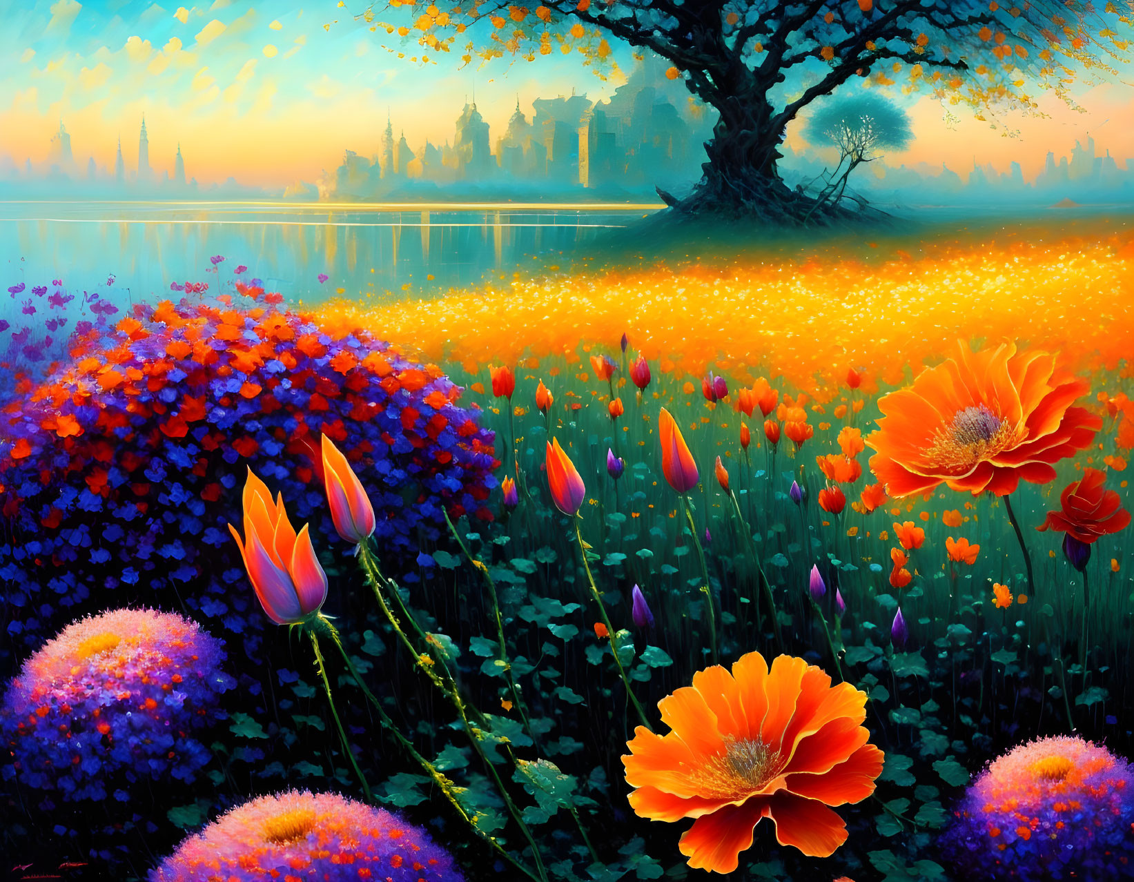 Colorful landscape with tree, lake, flowers, and city silhouette at dawn or dusk