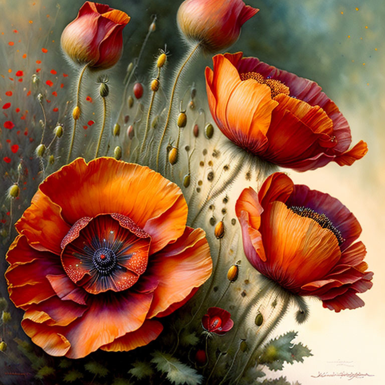 Detailed Red Poppies Painting on Warm Textured Background