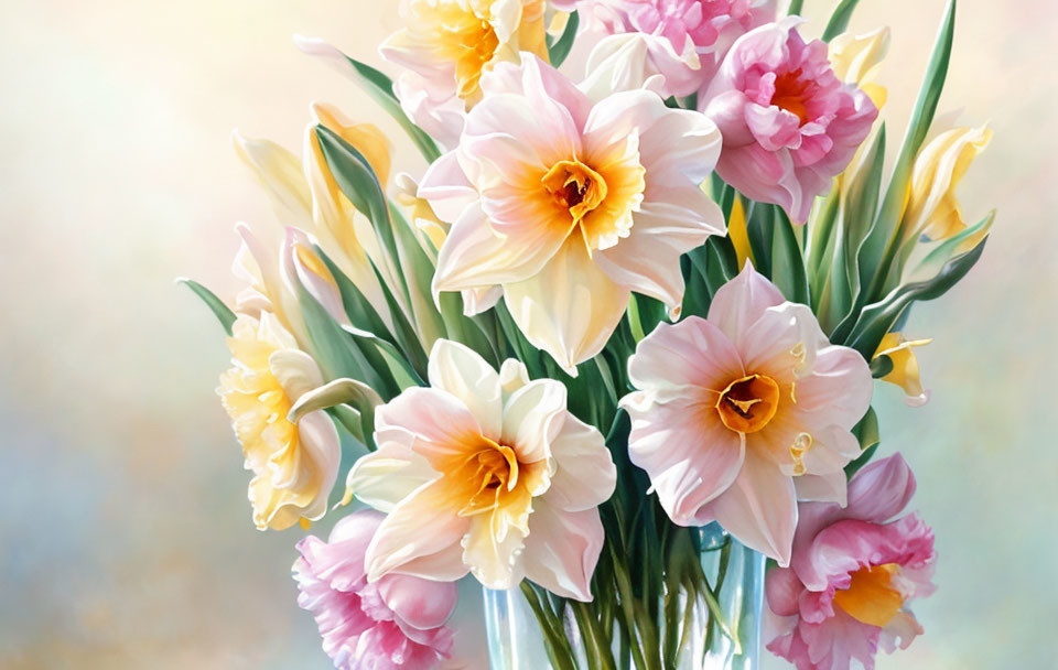 Pink and Yellow Daffodil Bouquet in Clear Glass Vase