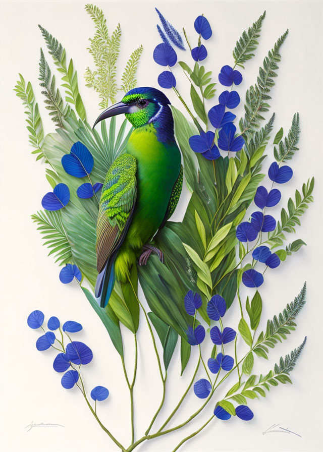 Colorful Bird Among Green and Blue Leaves