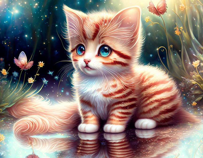 Whimsical digital artwork featuring kitten with blue eyes in magical setting