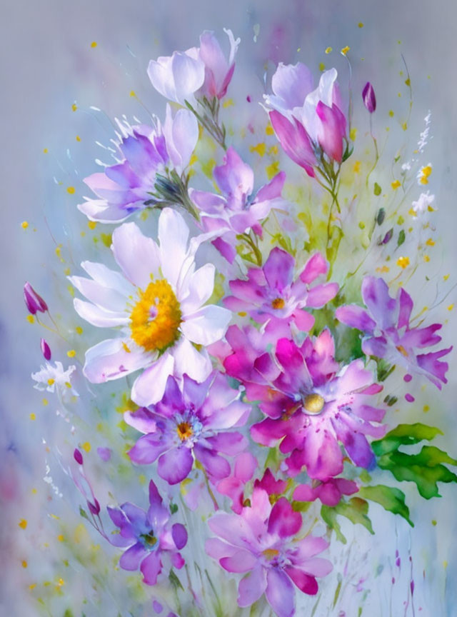 Colorful floral painting with purple, pink, and white flowers and vibrant green foliage