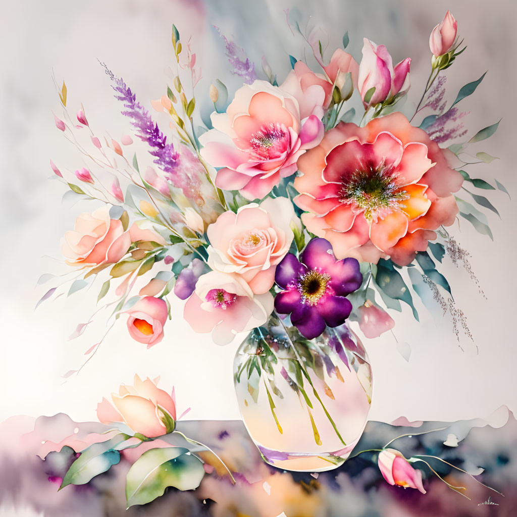 Colorful Watercolor Flowers in Pink and Purple Arrangement in Clear Vase