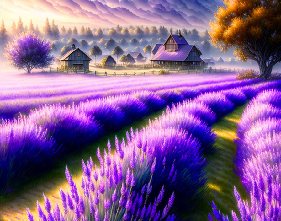 Purple Lavender Fields and Traditional Houses at Sunrise